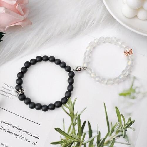 QiLuxy Crown Charm Stone Beads Magnet Attraction Bracelets for Women Men Fashion Couple Beads Bracelets Jewelry Gifts