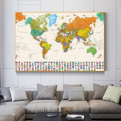 Retro English Map with National Flags Big Size The World Map Canvas Painting Posters and Prints Wall Art Picture for Living Room