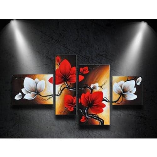 Hand Painted Blooming Flower Painting Red Brown Abstract Modular Picture Home Decor Oil Painting on Canvas 4 Panels Wall Art