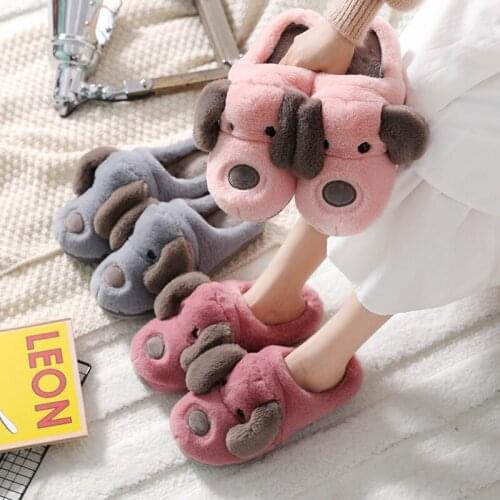 Unisex Dog Animal Slippers Comfortable Bedroom Ladies Furry Slippers Cartoons Winter Cute Shoes For Women Zapatilla De Mujer