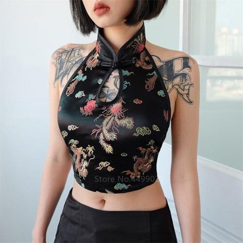 Sexy Woman Cheongsam Tops Chinese Traditional Dragon Embroidery Backless Halter Vintage Party Wrap Crop Top Vest Oriental Qipao