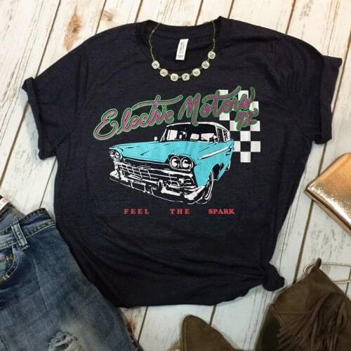 80s Vintage Car Printed Cool Tees For Female Ins Fashion American Fashion Graphic Shirts Plus Size Loose Cotton Hipster T shirts