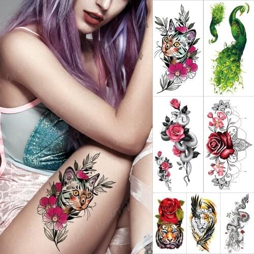 Waterproof Temporary Sleeve tatooo Stickers Color Painted Cat Flower Cute tattoo Arm Body Art Fake Transferable tatoo Man Women