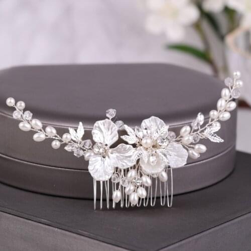 Silver Color Pearl Hair Jewelry Flower Tiara Hair Comb For Bride Headpiece Crystal Wedding Hair Accessories Women Handmade Combs