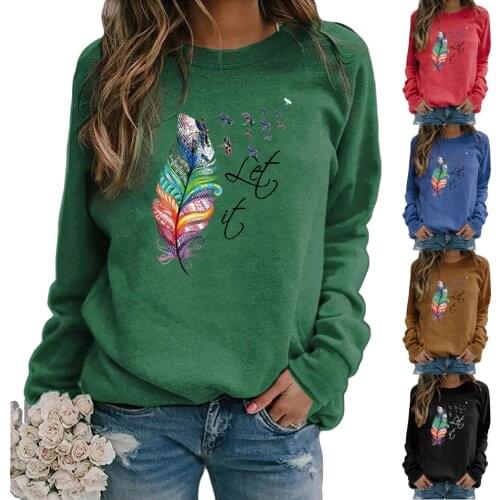 Hoodie Women 2021 Feather Let It print long-sleeved sweatshirt O Neck Winter Women Hoodie Pullovers Female Tops Dropshipping