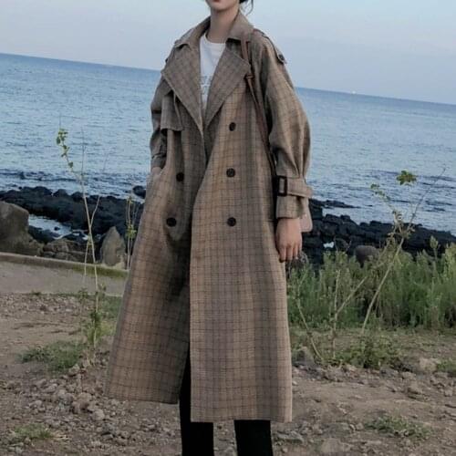 Oversize Loose Women Korean Style Trench Coat Ladies Plaid Long Double Breasted Belted Duster Coat Outerwear with Storm Flaps