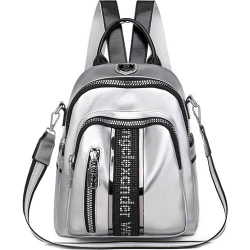 Women Backpack Multifunctional High Quality PU Leather Small Bagpack 2021 New Fashion Leisure Travel Back Pack Black Silver