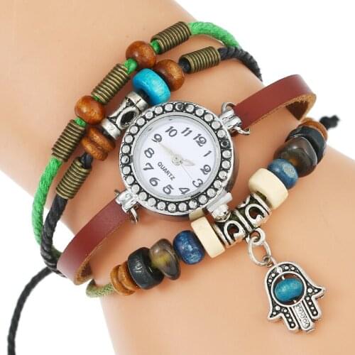 Top Genuine Leather Hot Sale Women Vintage Bracelet Wristwatches Hamas Hand Pendant Handmade Girl Watch