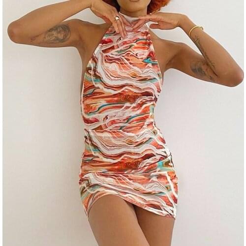 Women Summer Sheath Dress, Multicolor Abstract Print Halter-Neck Sleeveless Backless Tight Dress for Women