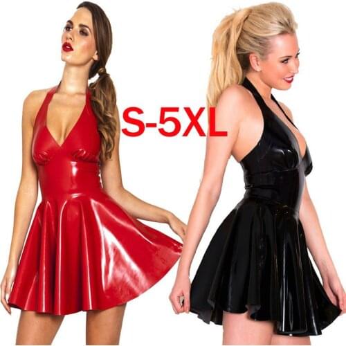 Plus Size S-5XL Women PVC Leather Mini Dress Wetlook Deep V Neck Sleeveless Party Dress Sexy Halter Backless Night Clubwear