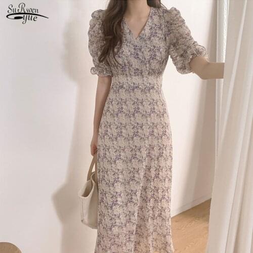2021 Summer Korean Style Elegant Robe Vintage Floral Print High Waist V-neck Short Sleeve Fashion Casual Ankle-length Dress 9813