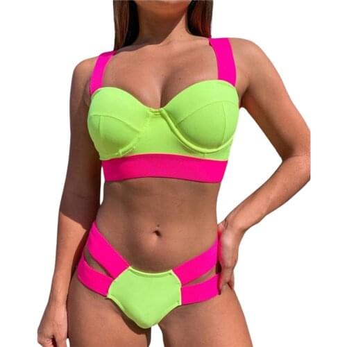 2021 New Sexy Bikini Solid Push Up High Waist Triangle Bottoms Swimsuit Women Swimwear Splicing Bathing Suit Beach Swimming Suit