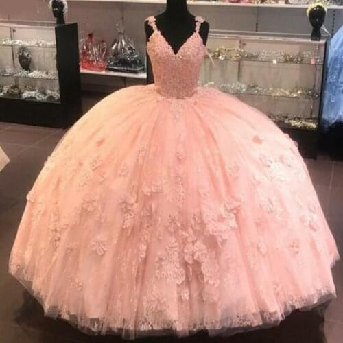 2020 Coral Quinceanera Prom dresses Ball Gown With Spaghetti Straps Applique Lace Sweet 16 Cheap Party Formal Dress Gowns