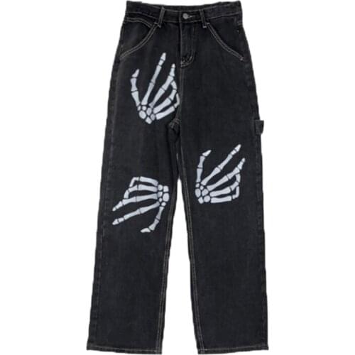 Streetwear Jeans Straight Y2k Pants Men and Women Skull Hand Print High Waist Vintage Jeans High Street Hip Hop Grunge Clothes