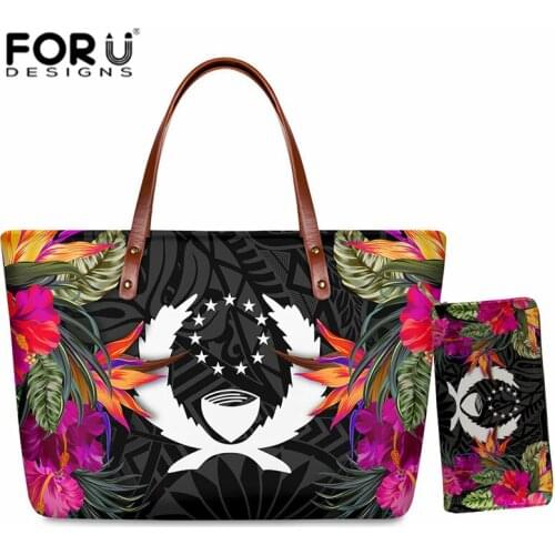FORUDESIGNS Handbags for Women Pohnpei Polynesian Hibiscus Pattern Casual Shoulder Bag and Purse Femme Soft Zipper Beach Bag Set