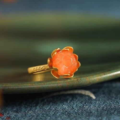 Natural Hetian Jade Southern Red Agate Inlaid S925 Magnolia Ring Elegant and Ethnic Style Retro Chinese Style Womens