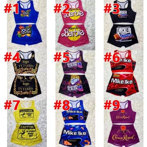 Womens Shorts Sets Snickers Juicy Snacks Tracksuit Tank Top + High Waist Shorts Work Out Two Piece Set Women Wholesale Items