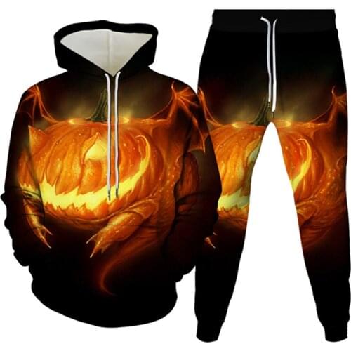 Men Punk Style Tracksuit Sets Holloween Pumpkin Lantern Horror Pattern 3D Print Women Hoodies+Trousers Casual Clothes Size S-6XL
