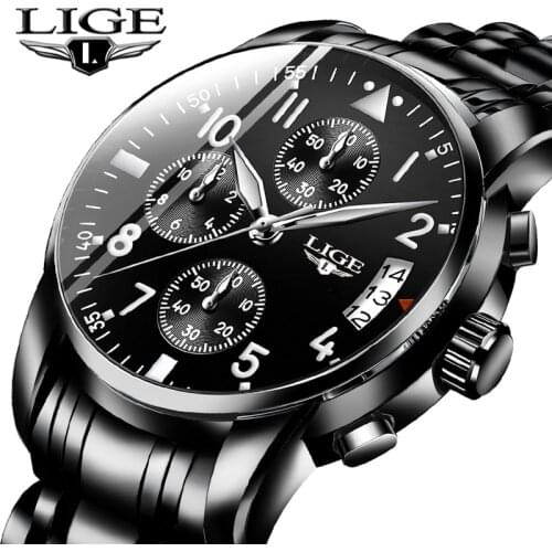 Relogio Masculino LIGE Mens Watches Top Brand Luxury Fashion Business Quartz Watch Men Sport Full Steel Waterproof Black Clock