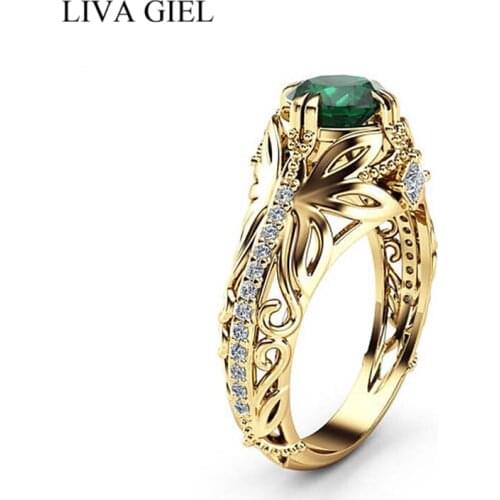 Fashion Luxury Gold Color Metal Carved Green Zircon Crystal Ring For Women Engagement Ring Hollow Vintage Pattern Jewelry Gift