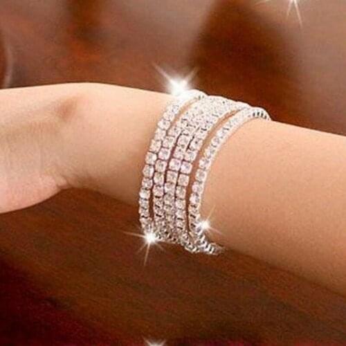 Fashion 1-10 row Shiny Rhinestone Elastic Lady Bangle Stretch Crystal Bangle Bracelet Fit Party Prom Wedding Bride Jewelry Gift