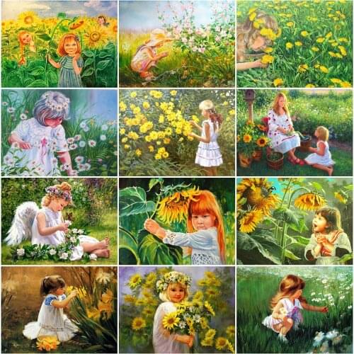 MomoArt Diamond Painting Girl Cross Stitch Diamond Embroidery Sunflower Full Drill Square Mosaic Flower Rhinestones Home Decor