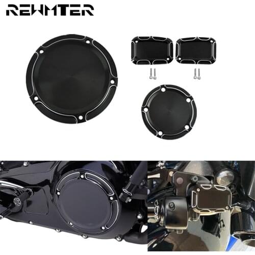 Motorcycle Front Brake Master Cylinder Cover W/ Black Derby Timing Cover Set For Harley Touring Road King Street Glide FLHX FLHR