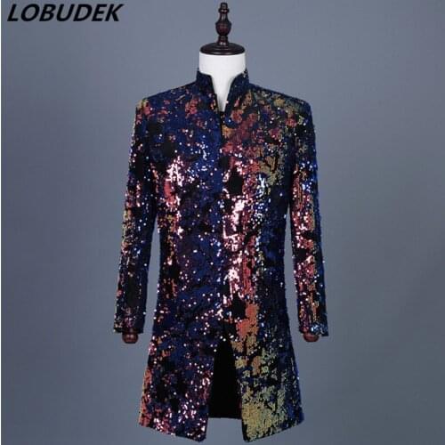 Plus Size Mens Colorful Flipping Sequins Long Suit Jackets Stage Costume Nightclub Bar DJ Singer Presenter Slim Coat Tailcoat