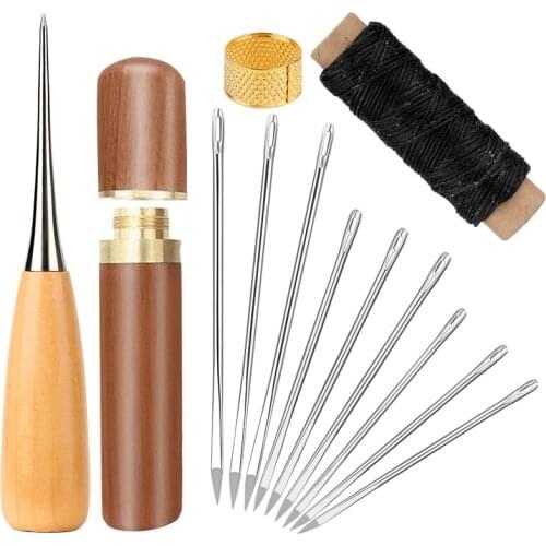 LMDZ Leather Craft Stitching Tool Kit With Large-Eye Sewing Needles Awl Thimble Waxed Thread Repairing Sewing DIY Tool Set