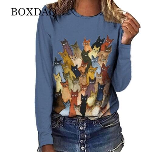 New Autumn Long Sleeve Cartoons Cute Cat Print T Shirt Women Casual Round Neck Loose Pullover Tops Fashion Ladies Streetwear Top