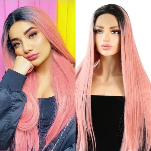ORIANE Long Straight Synthetic Lace Front Wigs For Girls Black Pink Two Color Daily Lolita Cosplay Wig High Temperature Wig
