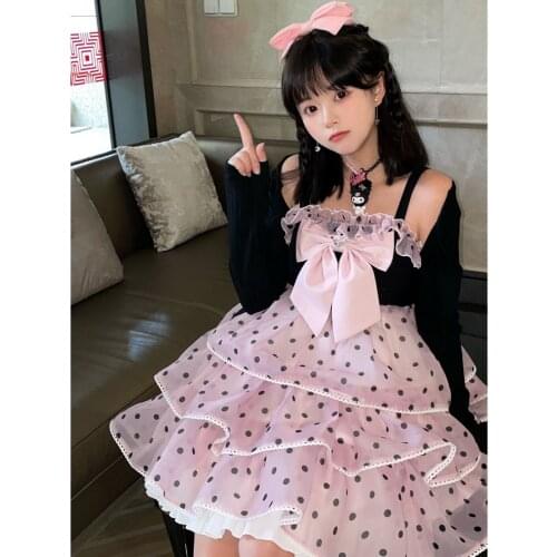 Kawaii Lolita Dress Wine Heart Fudge Sweet Soft Girl Polka Dot Black Powder Jsk Sweet Style Princess Tea Party Sleeveless Dress