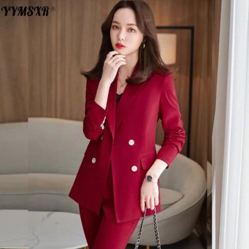Professional Womens Suit Pants Two-piece 2021 New Autumn and Winter Double-breasted Ladies Jacket Fashion High-waist Trousers