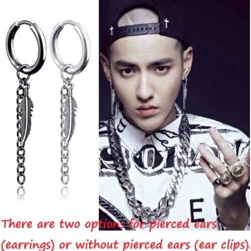 Stainless Steel Punk Earrings For Men Feather Tassel Long Chain Pendant Earrings Trend Rock Non Piercing Earrings Jewelry 2021