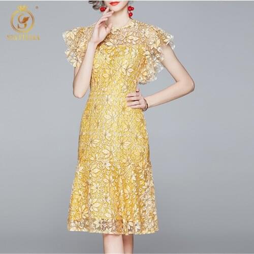 SMTHMA 2021 New Fashion Women Party Dress Vintage Elegant Short Sleeve Lace Hollow Out Summer Dress Ladies High Quality Robe