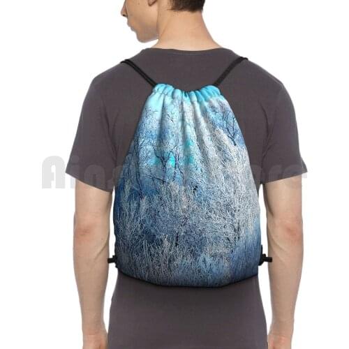 Beauty Of Frost Backpack Drawstring Bags Gym Bag Waterproof Winter Ice Snow Landscape Blue Sky Trees Tree Morning Frost