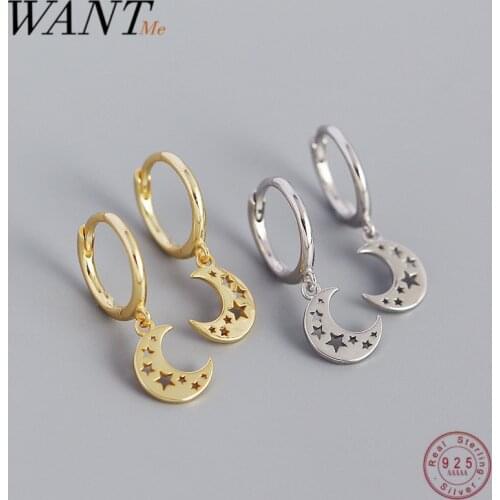 WANTME 925 Sterling Silver Hollow Star Minimalism Hughies Moon Pendant Earrings Women Fashion Bohemian Party European Jewelry