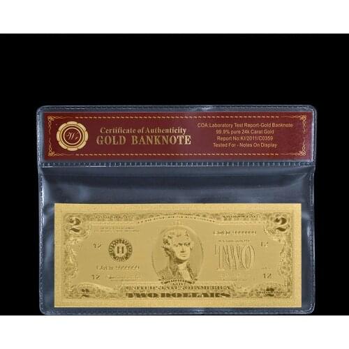 WR America Fake Money 2 US Dollar Gold Plated Banknote with Plastic Frame USA Prop Money Bill Banknotes Personalized Gift