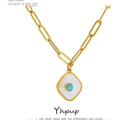 Yhpup Exquisite Natural Shell Square Pendant Necklace 316L Stainless Steel Accessories Fashion Collar 18 K Necklace Gift 2021