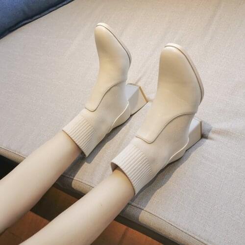 Women Sock Ankle Boots Fashion Comfort Stretch Woman Footwear New Ladies Shoes Autumn Chunky Heels PU Slip On Pointed Toe