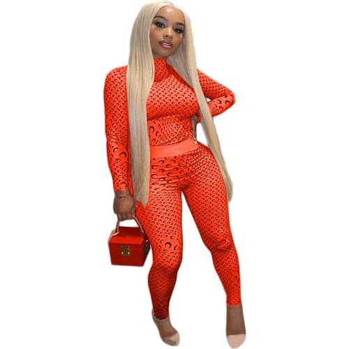 Women O Neck Print Long Pant Set Slim Fit 2 Pieces Tops And Long Pant Sexy Club Matching Suit