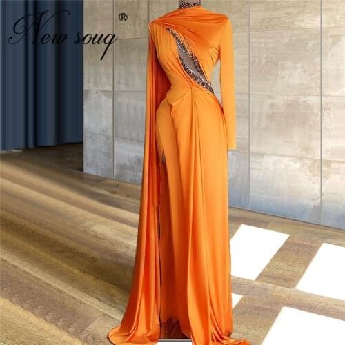 Abendkleider Orange Long Dubai Evening Dress 2021 Vestido De Festa Middle East Cut-Out Formal Prom Dresses Party Night Gowns