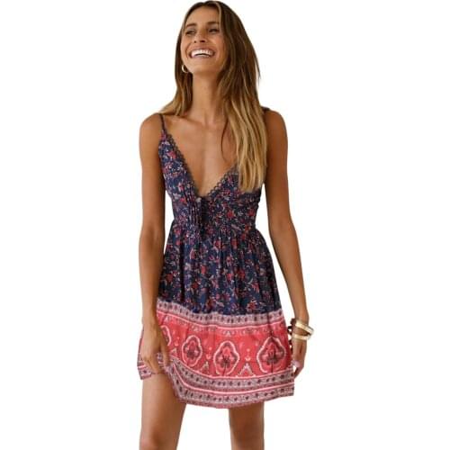 Women Fashion Floral India Print Tank Slip Dress Sexy Sleeveless V Neck Fitted bodice Flared Party Swing Mini Dress