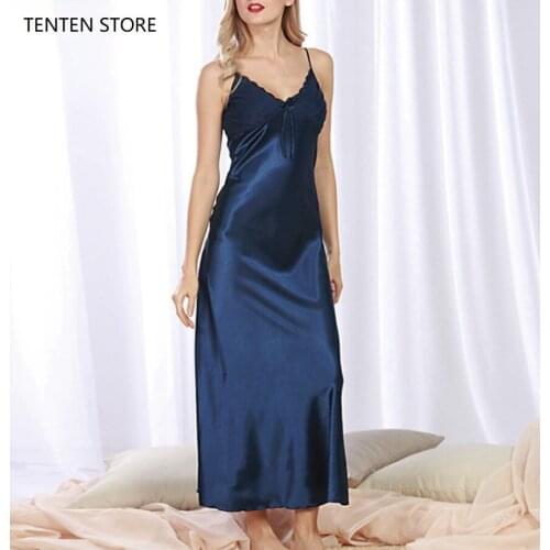 Womens Night Dress Sexy Sleepwear Women Red Long Satin Silk Dress Ladies Bride Robes Backless Robe Satin Silk Lace Night Wear