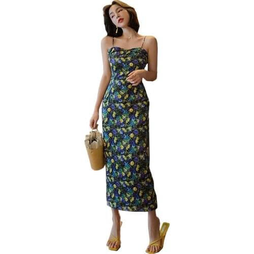 Retro Women Dresses Summer 2020 Sleeveless Spaghetti Strap Dress Ladies Vintage Print Floral Midi Wrap Purple Dress French Style