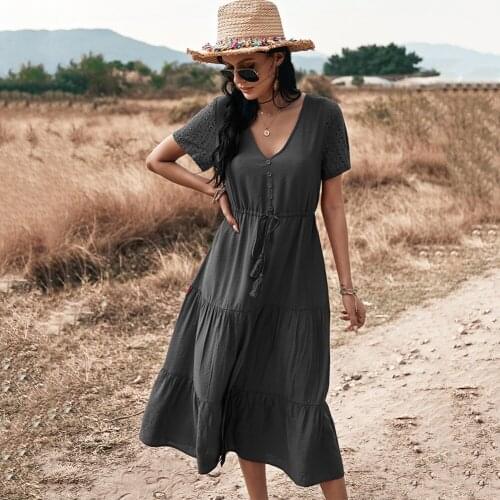 Womens Short Hollow Sleeve Dress V-neck Waist Drawstring Design High Waist Loose Flowy Splitting Swing Dress for Summer TT@88