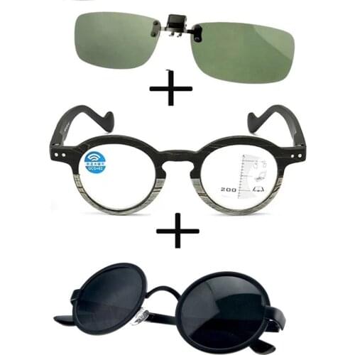 3Pcs!! Wood Progressive Multifocal Far and Near Reading Glasses Men Women + Polarized Sunglasses Round Retro + Sunglasses Clip
