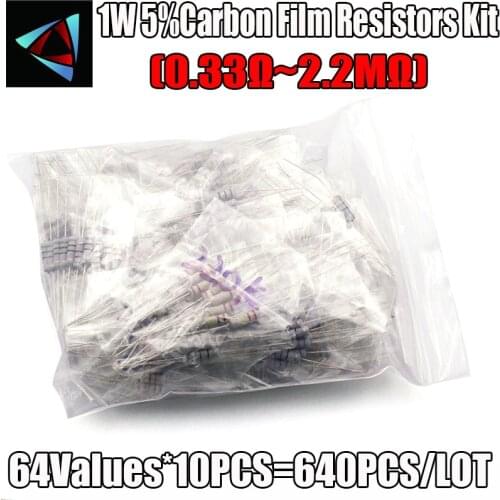 0.33ohm-2.2M 1W 5% 64valuesX5pcs=320pcs carbon film resistor,RESISTORS Assorted Kit, Metal Oxide Film Resistors