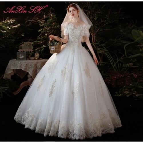 AnXin SH princess champagne flower white lace wedding dress vintage beading crystal boat neck ruffles embroidery wedding dress