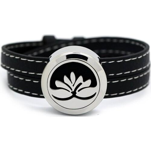 BOFEE Lotus Aromatherapy Diffuser Bracelet Essential Oil Locket Chain Stainless Steel Screw Yoga Locket Leather Jewelry 25mm